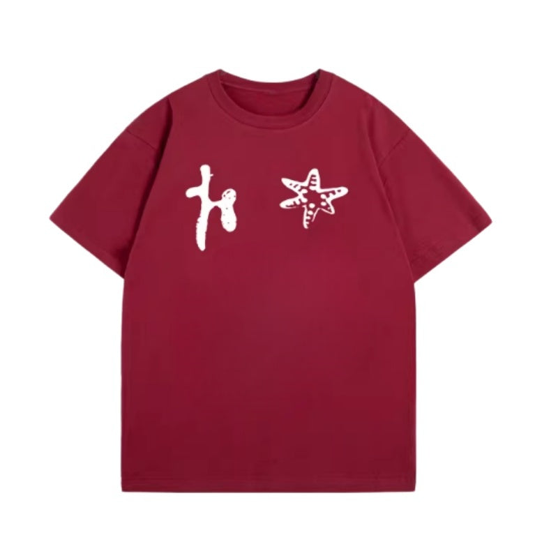 Trendy Red T-Shirt with Starfish Graphic