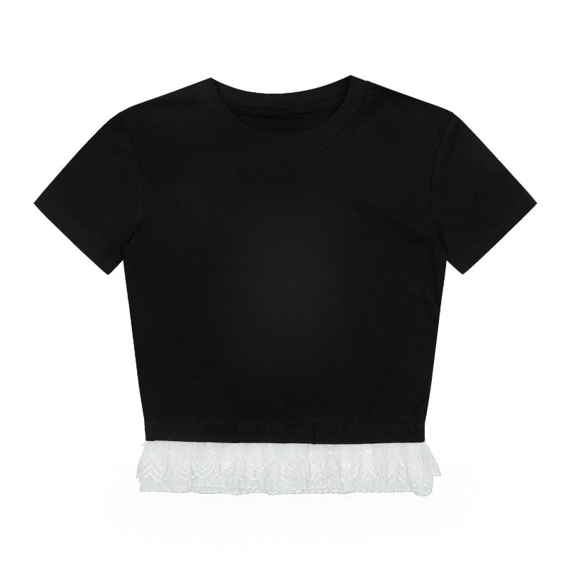 Black T-Shirt with Lace Patchwork Detail