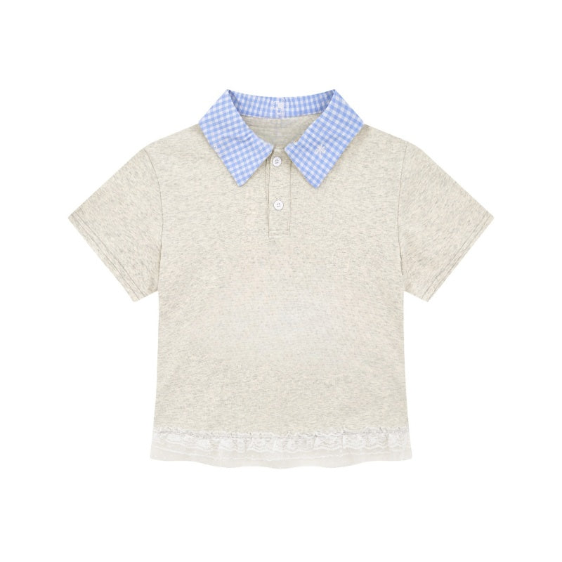 Lapel T-Shirt with Blue Check Pattern